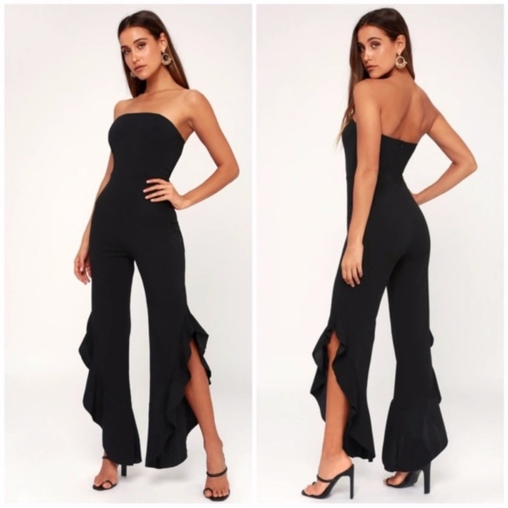 Lulu's Black Strapless Jumpsuit with Dramatic Ruffles
